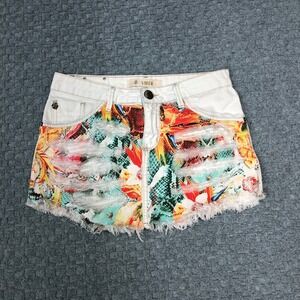 Viber Skirt Womens 33 White Colorful Floral Distressed Frayed Hem Brazil Denim